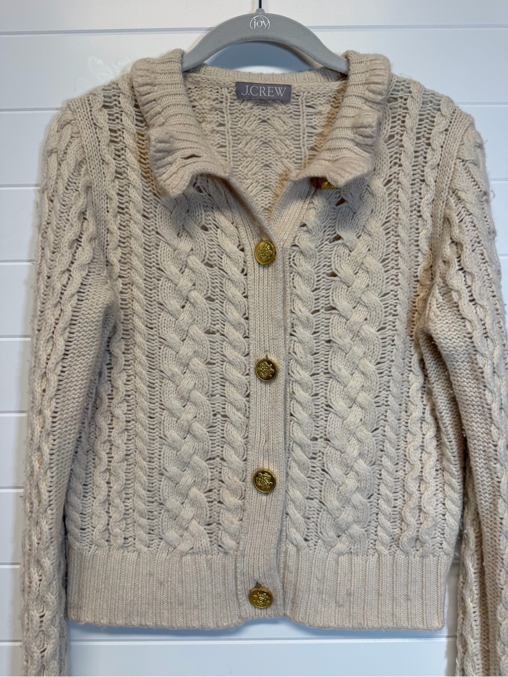 J Crew Lambs Wool Cable Knit Ruffle Neck Cardigan Sweater, Small in Cream